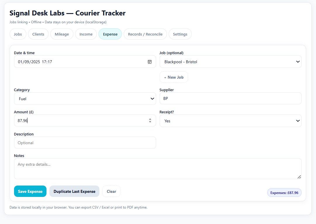 Courier Log Jobs Screenshot